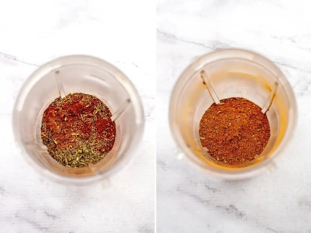 Ingredients to make cajun seasoning at home in a bullet blender cup.