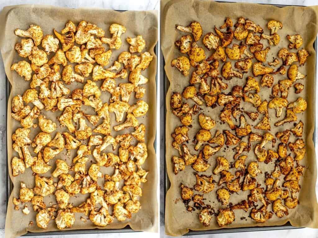 Cauliflower florets before and after roasting.
