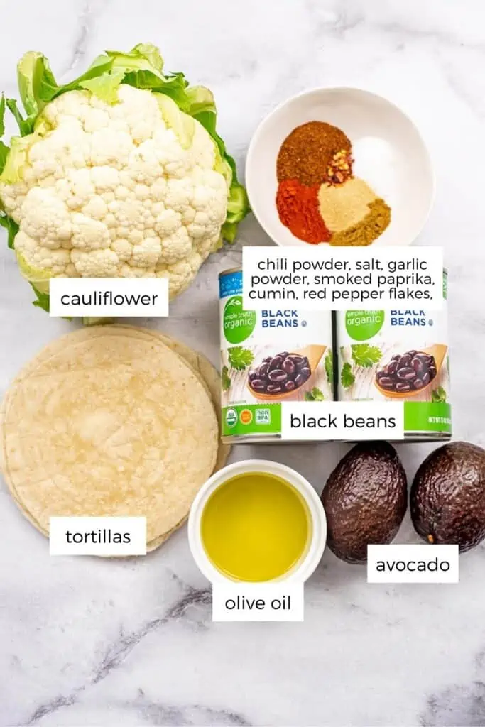 Ingredients to make cauliflower black bean tacos.