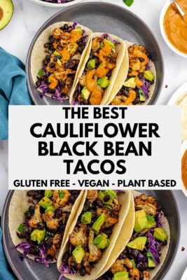 Three cauliflower black bean tacos on a grey plate.