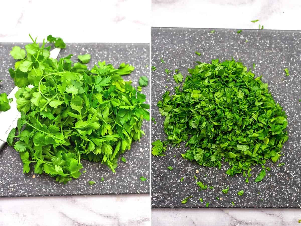 Fresh herbs on a black and white cutting board before and after chopping.
