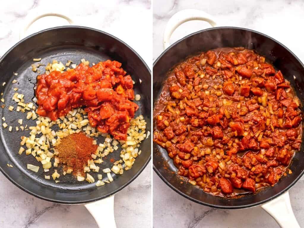 Diced tomatoes, spices and cooked onions in large skillet.