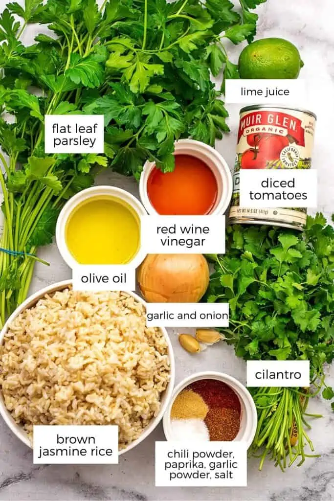 Ingredients to make chimichurri rice in ramekins and bowls.