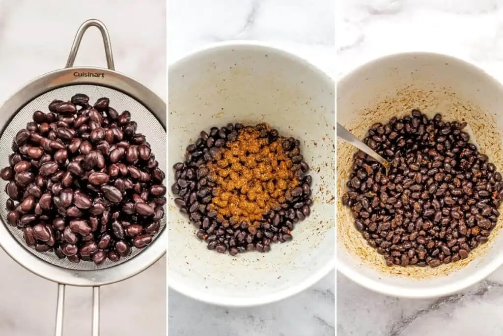 black beans in mesh strainer and in white bowl with Mexican spices.