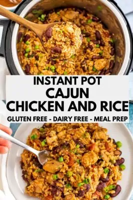 Instant pot cajun chicken and rice in the instant pot and on a white plate.