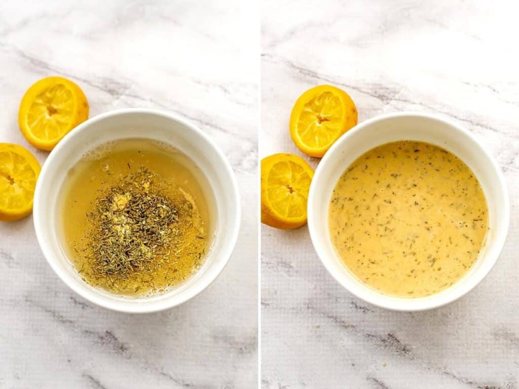 Before and after stirring together the ingredients of the creamy tahini lemon sauce.