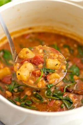 Ladle filled with tomato gnocchi soup.