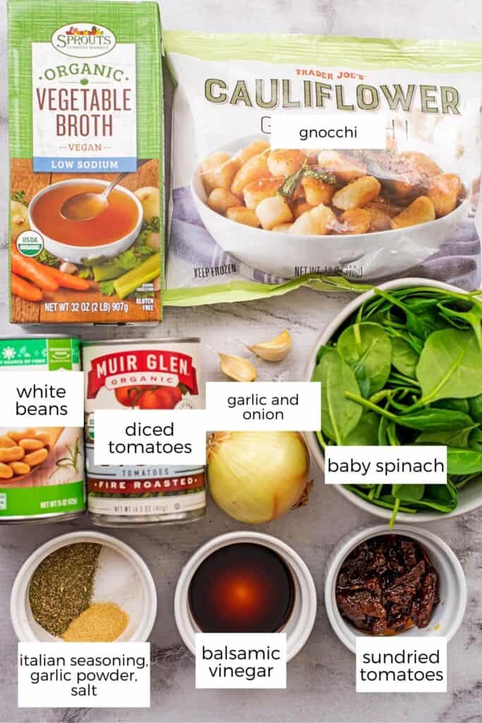Ingredients to make vegan tomato gnocchi soup.