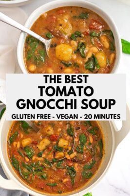 Vegan gnocchi soup in a white bowl and in a white pot.