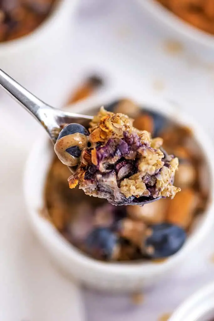 Spoonful of air fryer baked oats and blueberries.