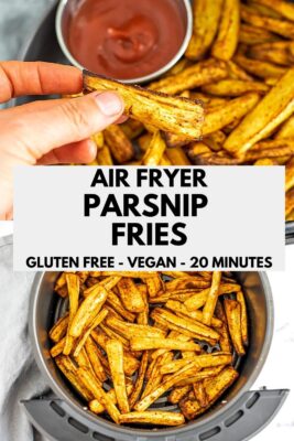 Hand holding a parsnip fry over the air fryer basket.