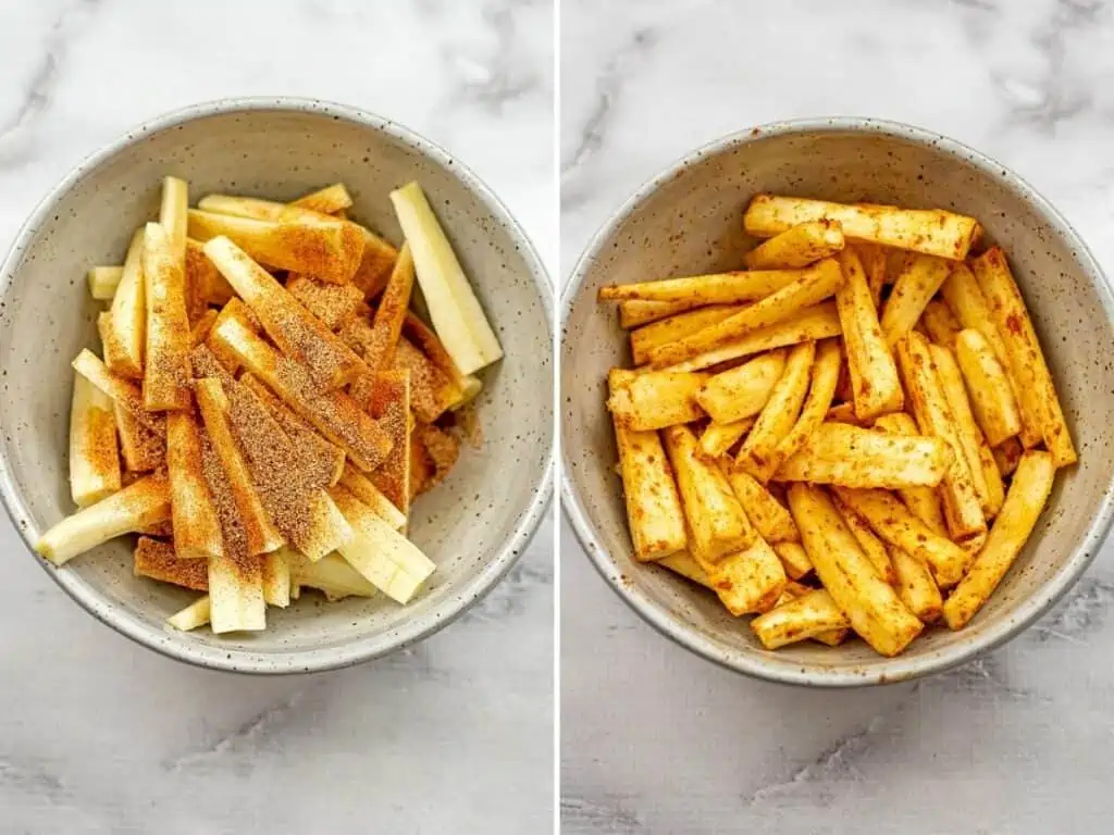 Parsnip fries in a bowl with seasoning before and after stirring.