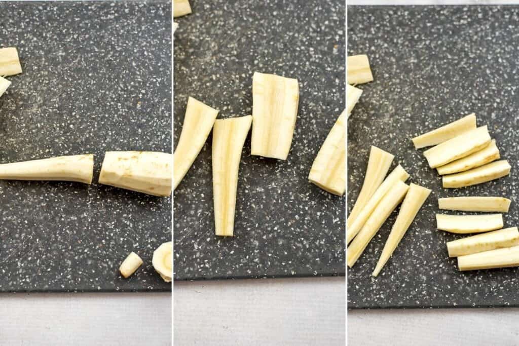 Steps on how to cut a parsnip into fries.