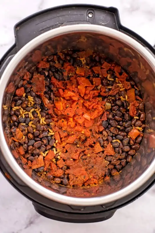 Mexican rice and beans right after cooking before stirring.