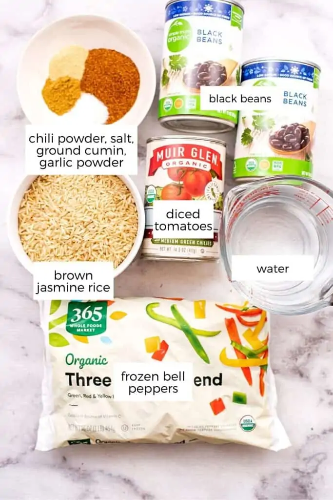 Ingredients to make instant pot Mexican rice and beans.