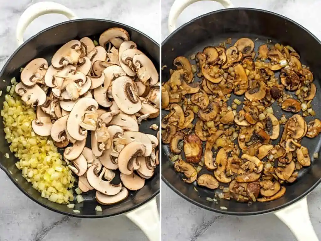 Sliced mushrooms in a skillet with sauteed onions.