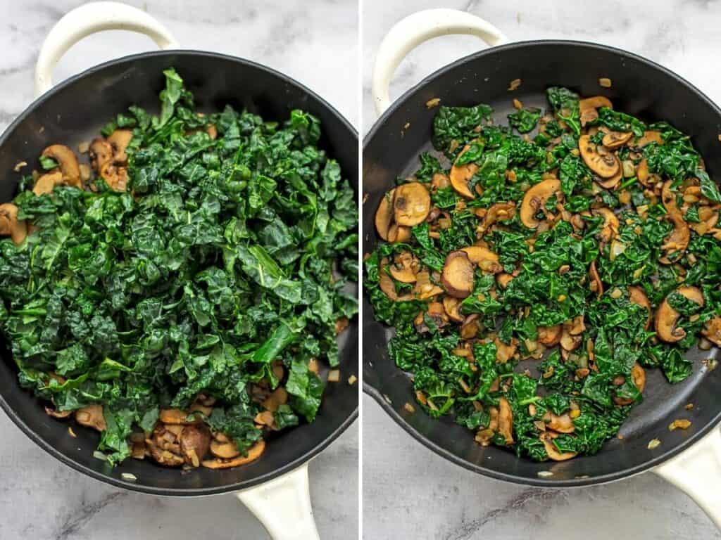 Chopped kale added to a skillet with sauteed mushrooms.