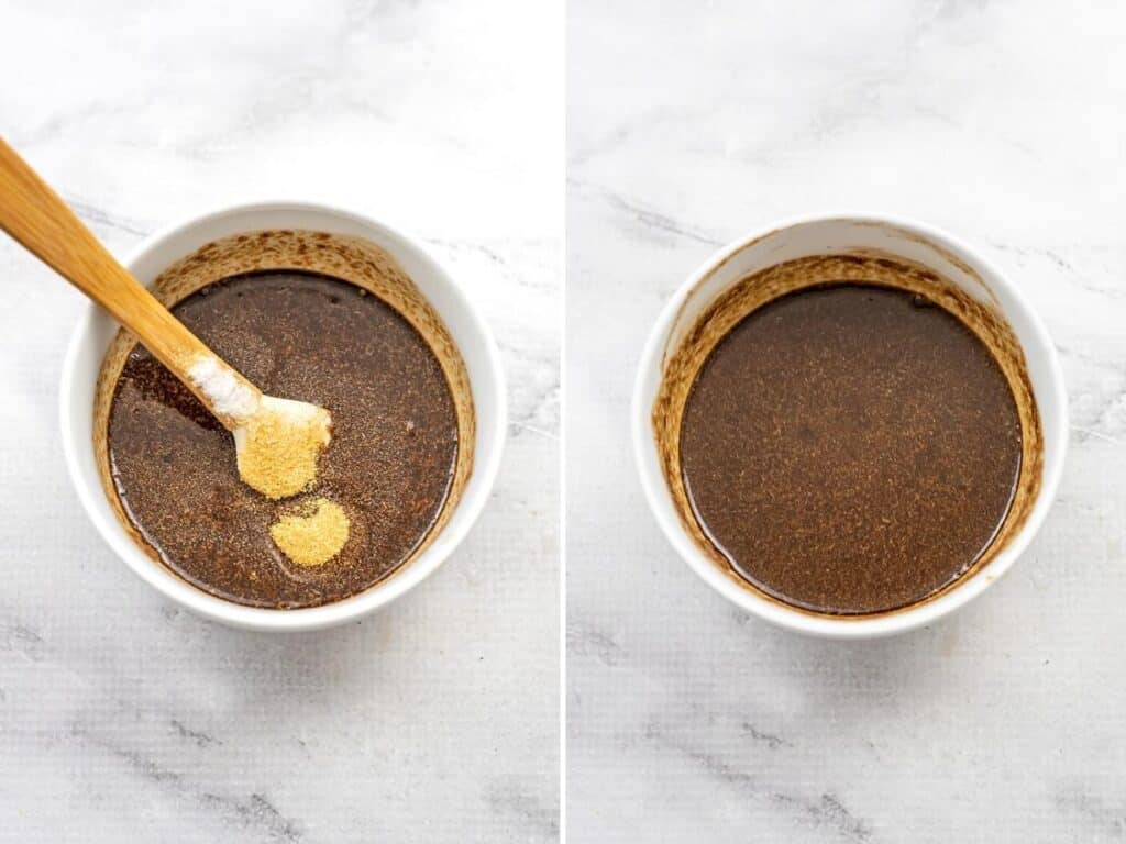Before and after stirring the creamy balsamic sauce in white bowl.