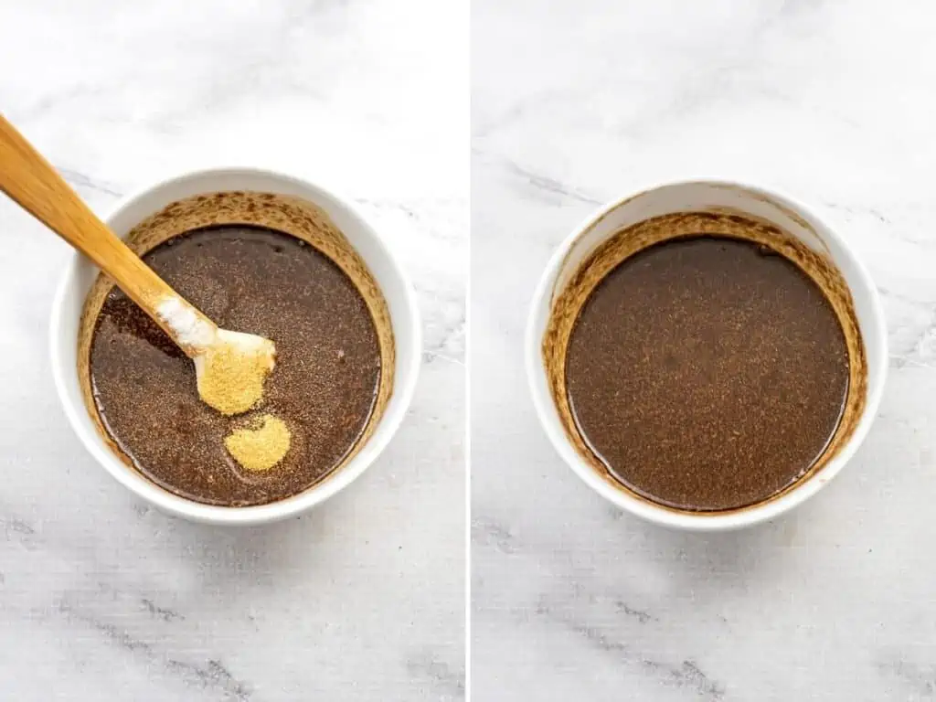 Before and after stirring the creamy balsamic sauce in white bowl.
