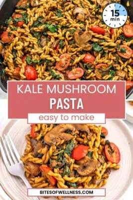 Kale and mushroom pasta in a skillet and on a plate.