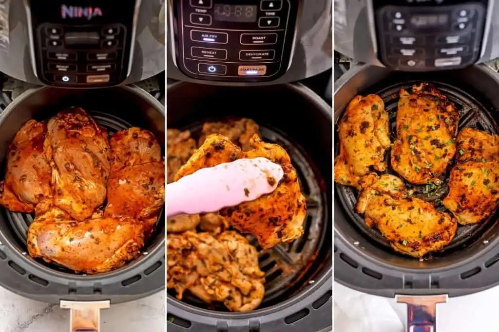 Steps to make buffalo chicken thighs in the air fryer.