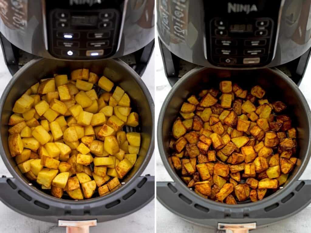 Cooking potato cubes in an air fryer, once when pausing and the finished result.