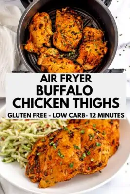 Air fryer buffalo chicken thighs after cooking.