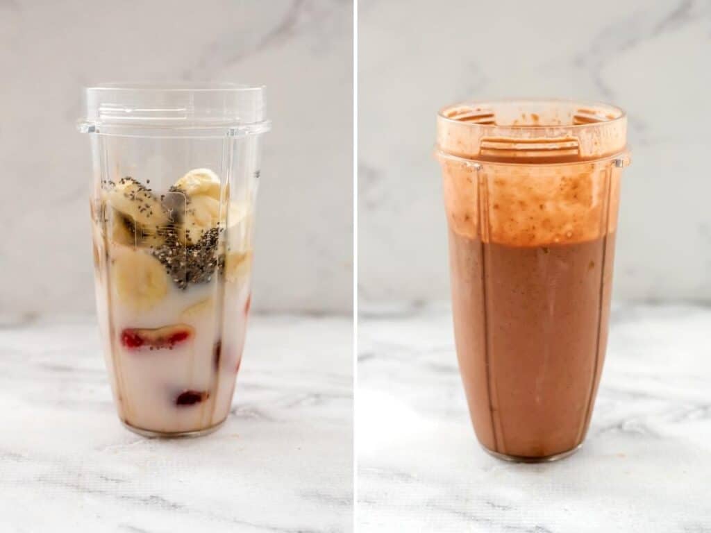 Before and after blending the banana chocolate strawberry smoothies in a bullet blender.