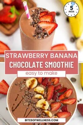 Large glass filled with chocolate strawberry banana smoothie with a few strawberries on top.