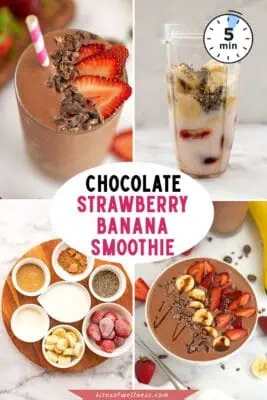 Large glass filled with chocolate strawberry banana smoothie with a few strawberries on top.