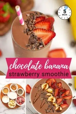 Large glass filled with chocolate strawberry banana smoothie with a few strawberries on top.