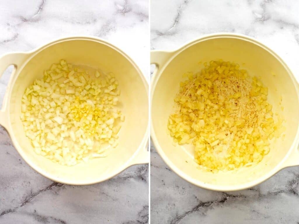 Before and after cooking the onions and garlic in a white pot.