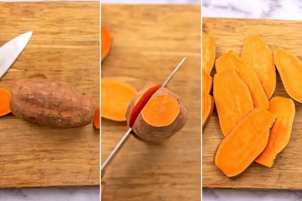 Steps on how to slice a sweet potato into toast.