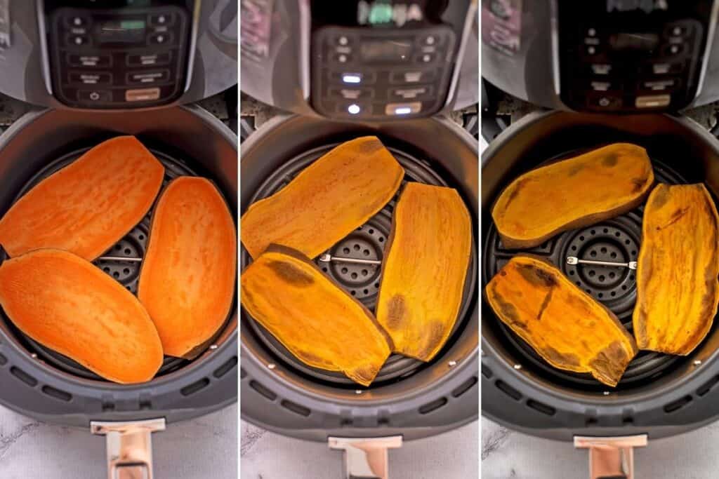 Three sweet potato slices in an air fryer.