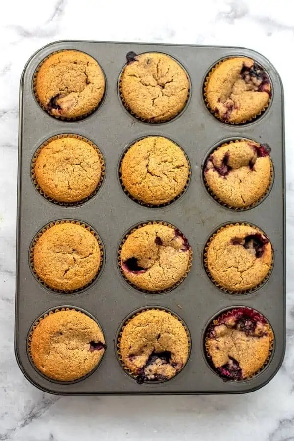 Vegan blackberry muffins after baking.
