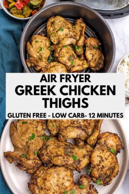 Greek chicken in air fryer basket and on a plate.