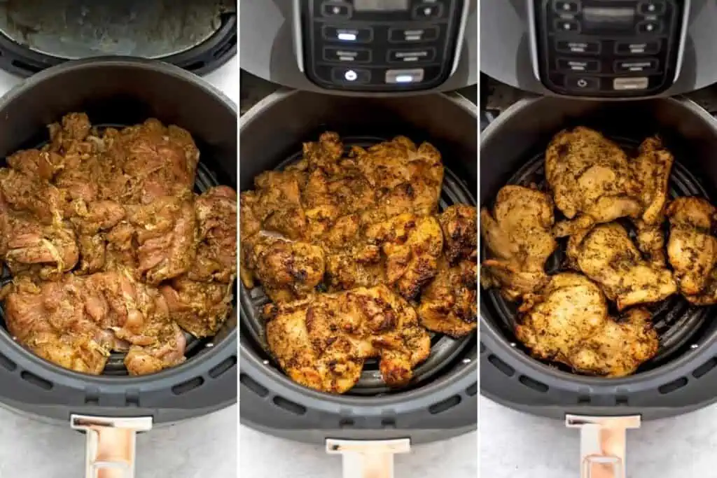 Greek chicken in air fryer before, during and after cooking.