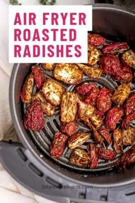 Roasted radishes in an air fryer basket.