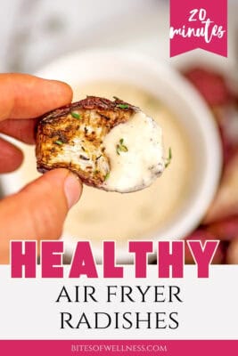 Air fryer roasted radish that was dipped in tahini sauce.