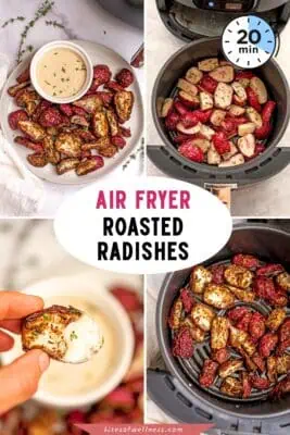 Roasted radishes in an air fryer basket.