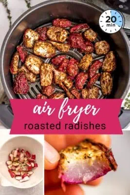 Roasted radishes in an air fryer basket.