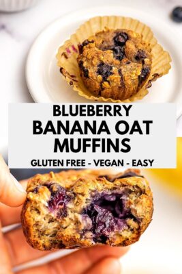 Blueberry banana oatmeal muffins on plate and in a hand.