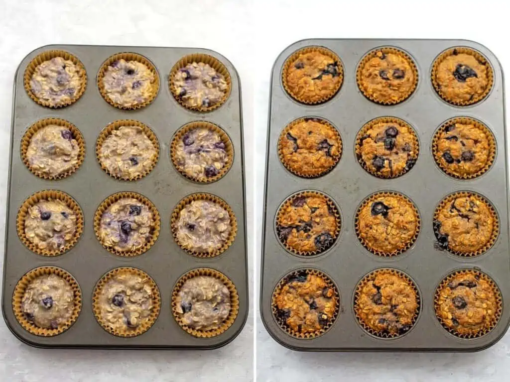 Blueberry banana oat muffins before and after baking in muffin tin.