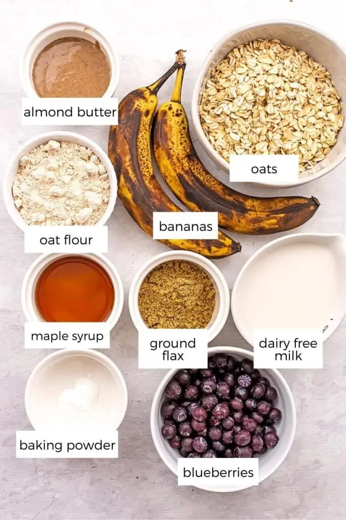 Ingredients to make blueberry banana oatmeal muffins.