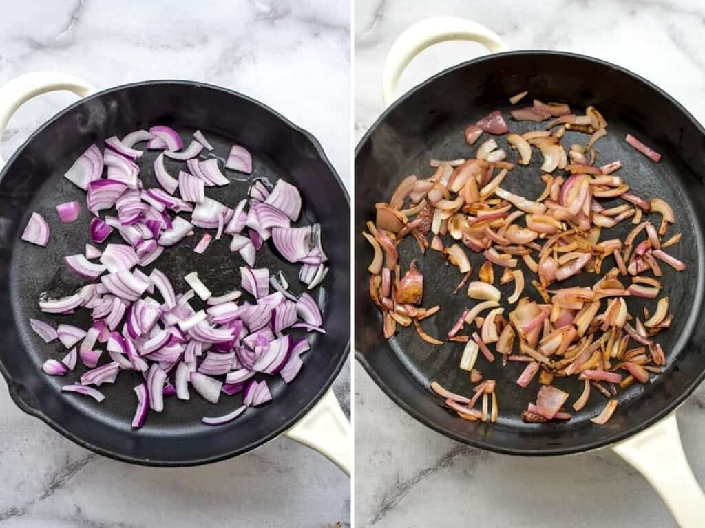 Red onions in a skillet, before and after cooking.