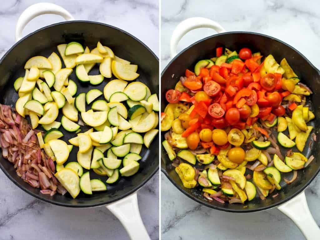 Zucchini and squash being added to cooked onion in a skillet.