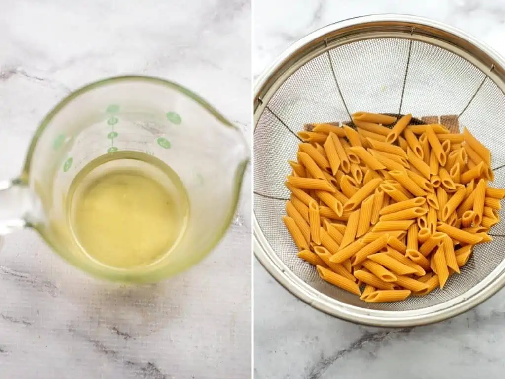 Pasta water in a measuring cup and drained pasta in a mesh strainer.
