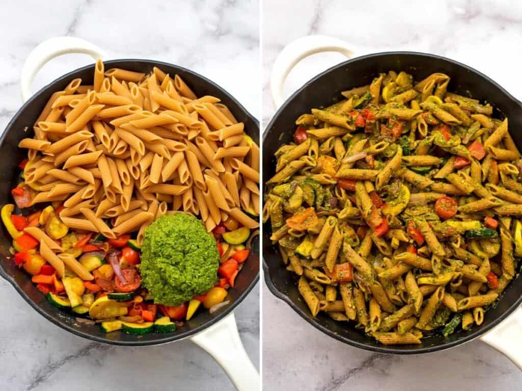 Before and after stirring in pasta and chimichurri sauce to veggies in skillet.