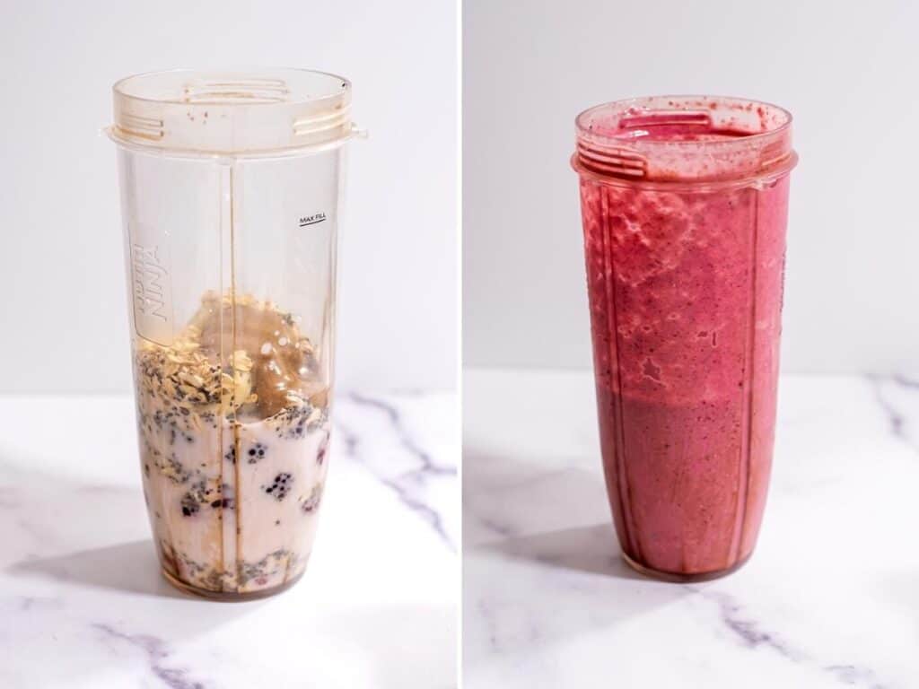 Before and after blending the smoothie in a high speed blender cup.