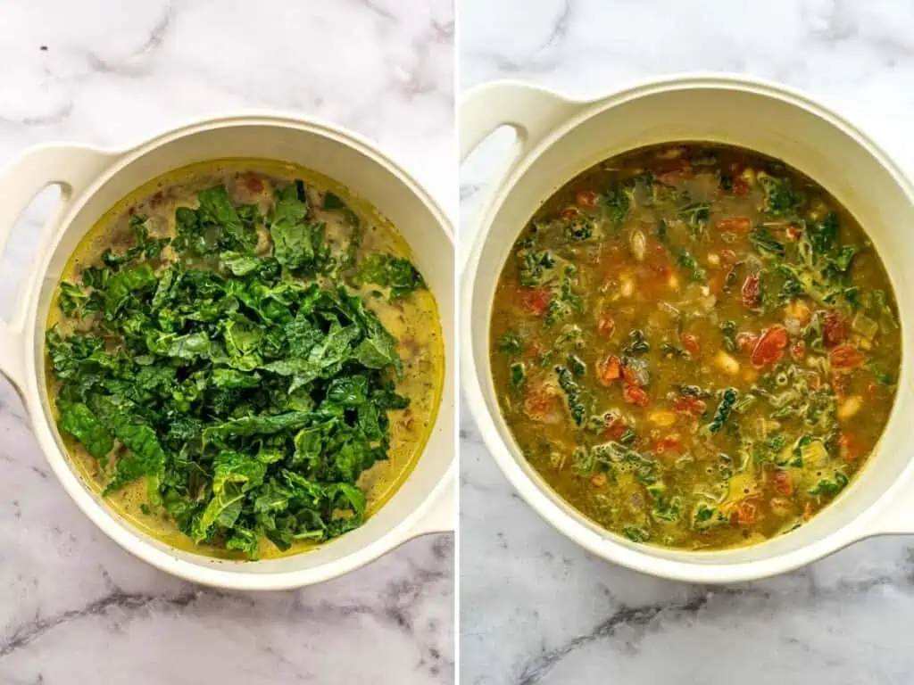Before and after stirring in kale to soup in white pot.